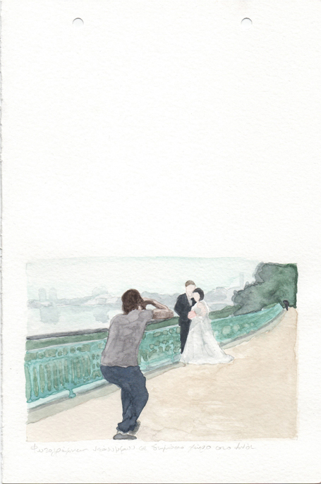 Honeymoon photo shooting in a public space in Hanoi, pencil and watercolours on paper, 22,8 x 15 cm, 2017  Honeymoon photo shooting in a public space in Hanoi, pencil and watercolours on paper, 22,8 x 15 cm, 2017