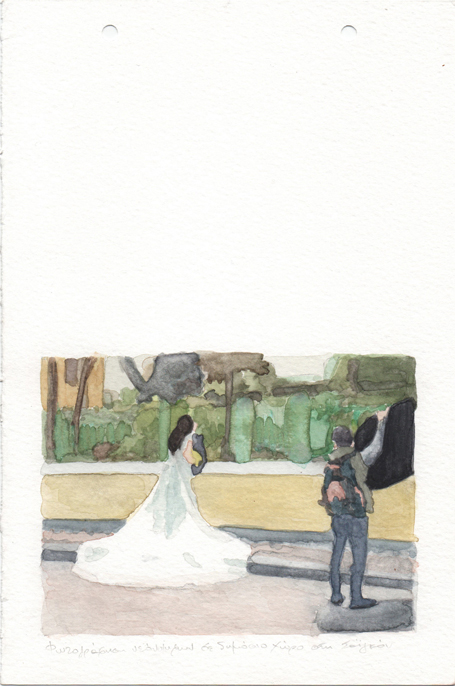 Honeymoon photo shooting in a public space in Saigon, pencil and watercolours on paper, 22,8 x 15 cm, 2017  Honeymoon photo shooting in a public space in Saigon, pencil and watercolours on paper, 22,8 x 15 cm, 2017
